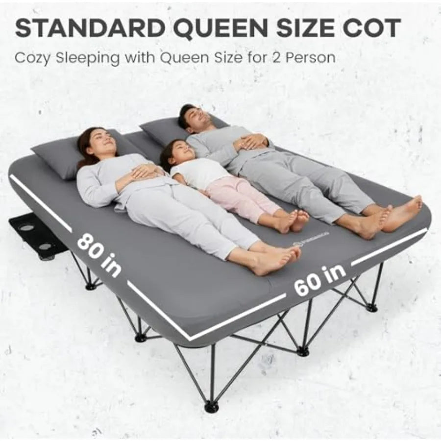 Queen Camping Cot with Electric Pump 2 Person Inflatable Air Mattress with Folding Frame Portable Camping Bed with Cup Holders