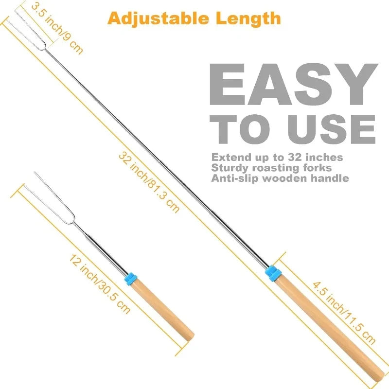 Telescopic Marshmallow Roasting Sticks, Extendable Stainless Steel BBQ Forks with Wooden Handles for Outdoor Camp Campfire Trekker Essentials