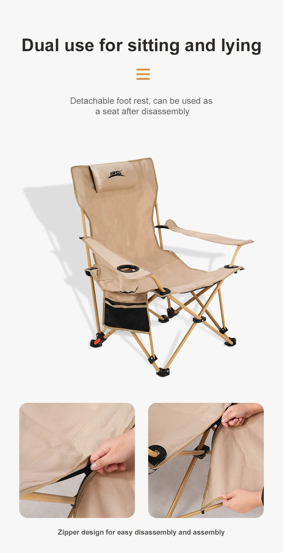 BRS 2-in-1 Reclining Camping Chair Lightweight Folding Camping Lounge Chair with Adjustable Backrest & Footrest for Beach Trekker Essentials