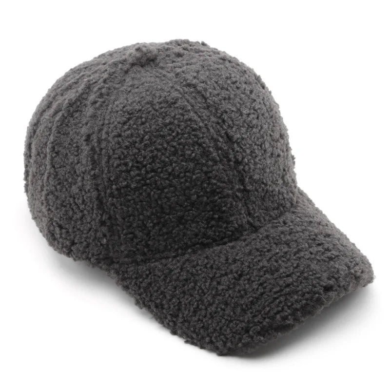 Gorra de béisbol de otoño-invierno para mujer: gorro de felpa abrigado con correa ajustable