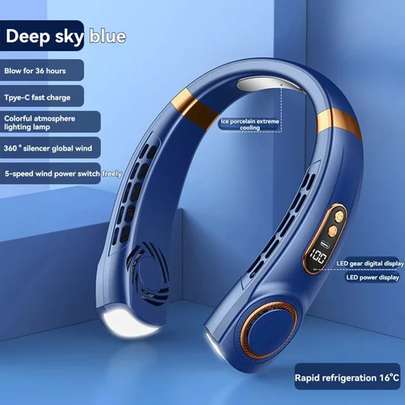 Portable Bladeless Halterneck Fan – USB Rechargeable, Silent, Hands-Free Cooling