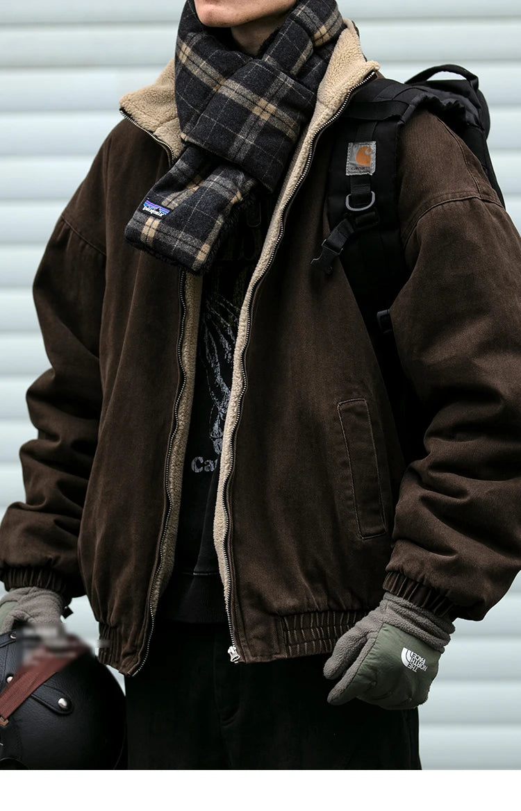 Vintage Polar Fleece Jacket Men's Winter Thick Loose Fit Streetwear Warm Coat