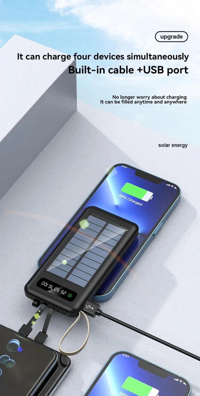 200000mAh Solar Power Bank – Ultra High Capacity Fast Charging Portable Charger with Built-in Cables & LED Light Trekker Essentials