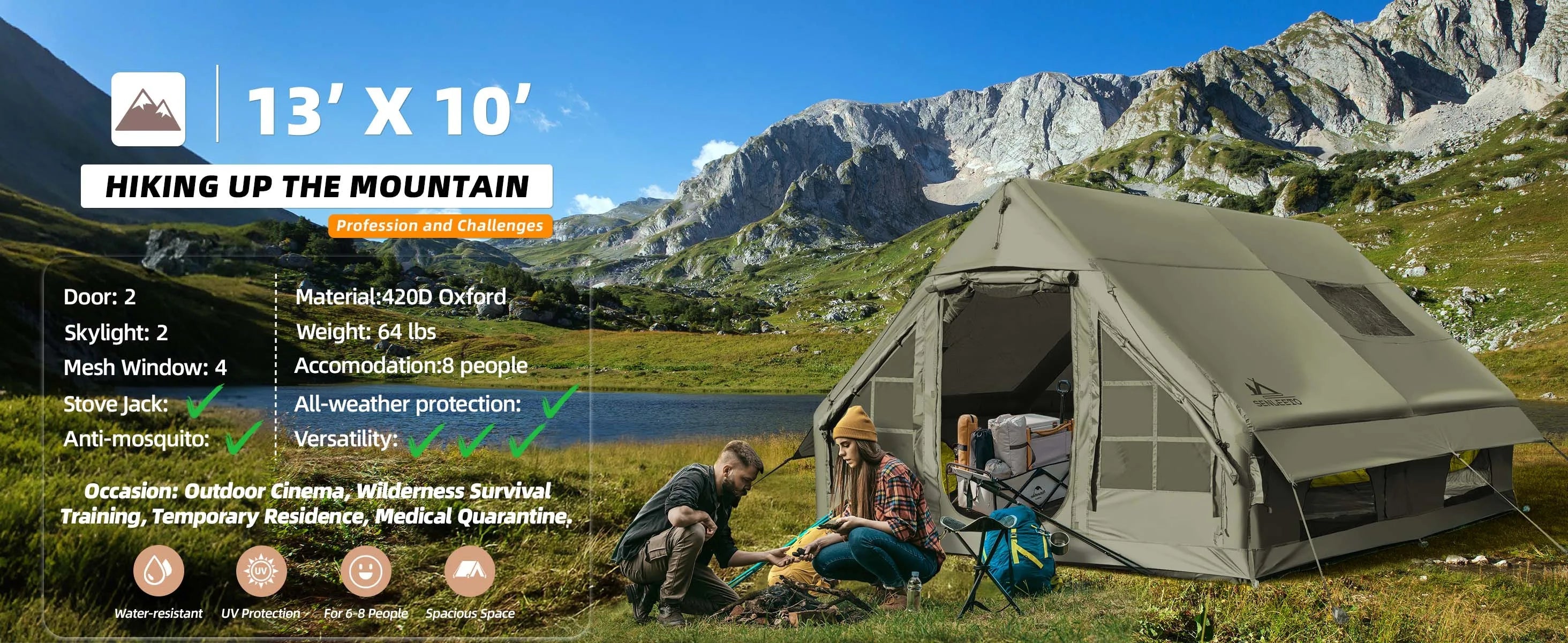 Portable Inflatable Camping Tent 2/4/6/8 Person for Family 420D Oxford Inflatable Tent House with Skylight 4 Seson Blow up Tent with Stove Jack AC Vent Mesh Window Trekker Essentials