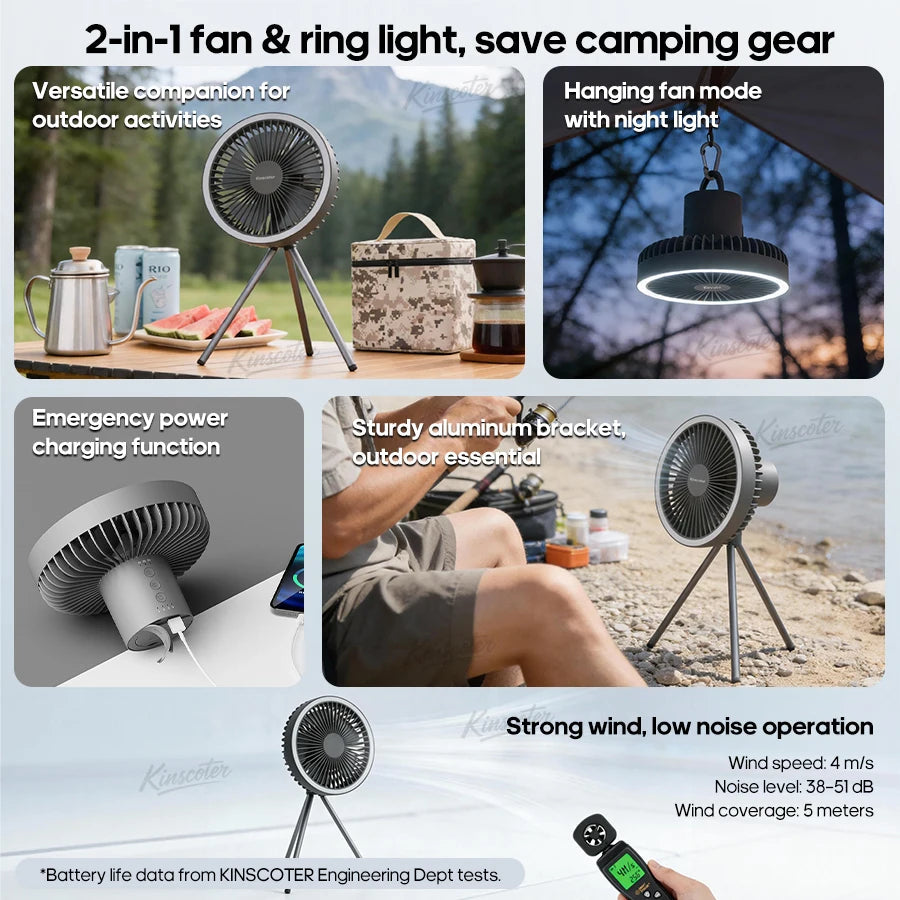 10000mAh Camping Fan Rechargeable Desktop Portable Air Circulator Wireless Ceiling Electric Fan with Power Bank LED Light Tripod Trekker Essentials