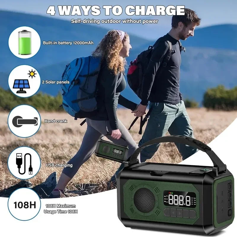 12000mAh Solar Emergency Radio – AM/FM Weather Alert, Hand Crank Power Bank, SOS Alarm & Reading Lamp for Camping, Hiking & Survival