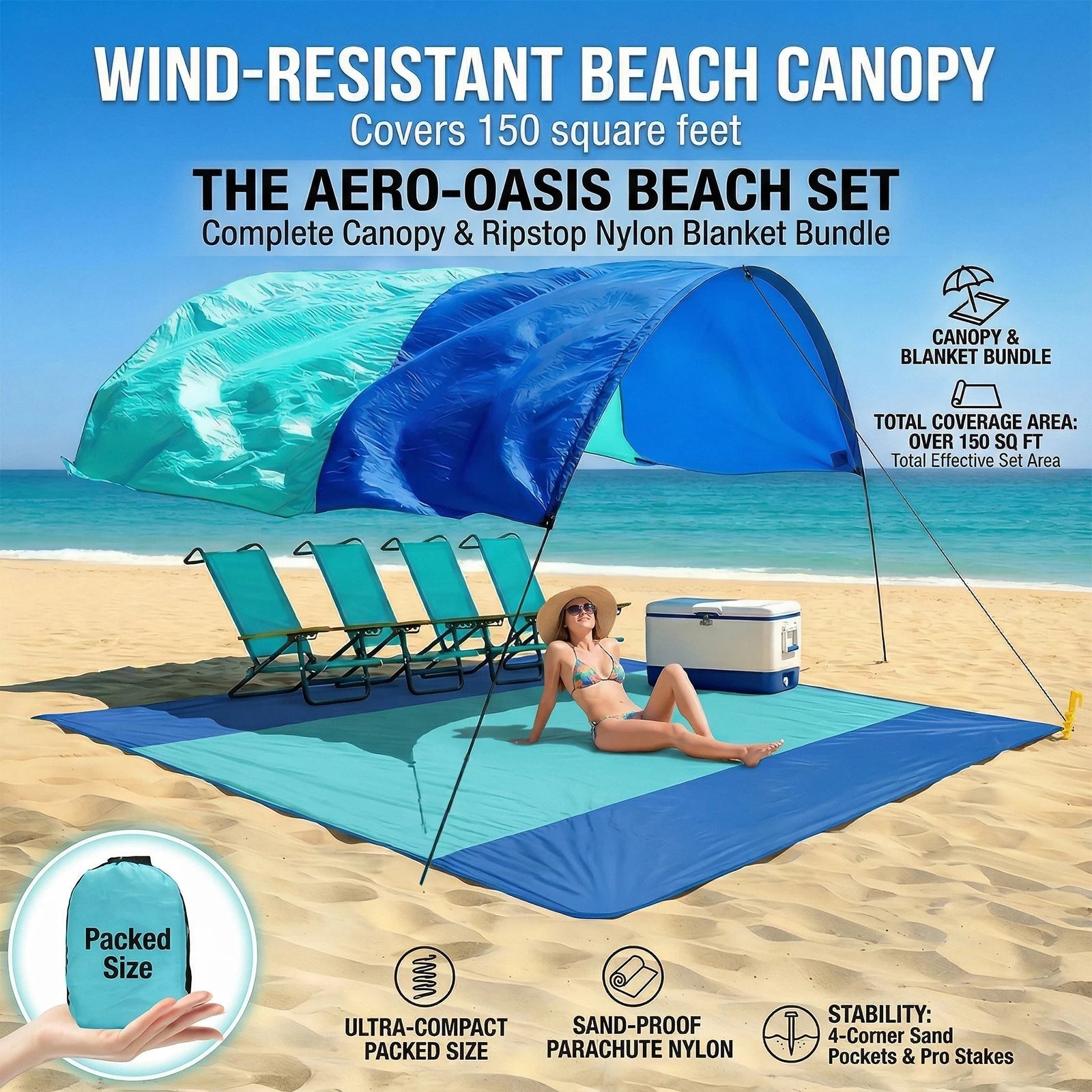 Wind-Resistant Beach Shade Tent 150 sq ft oversized canopy with sand anchors 4 lb ultralightweight UPF 50+ sun protection tent Trekker Essentials