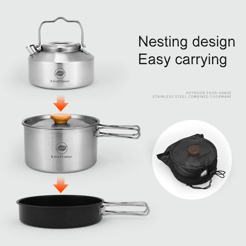 Stainless Steel Camping Cookware Set – Portable Outdoor Cooking Kit with Pot, Pan & Kettle for 2–3 People Trekker Essentials