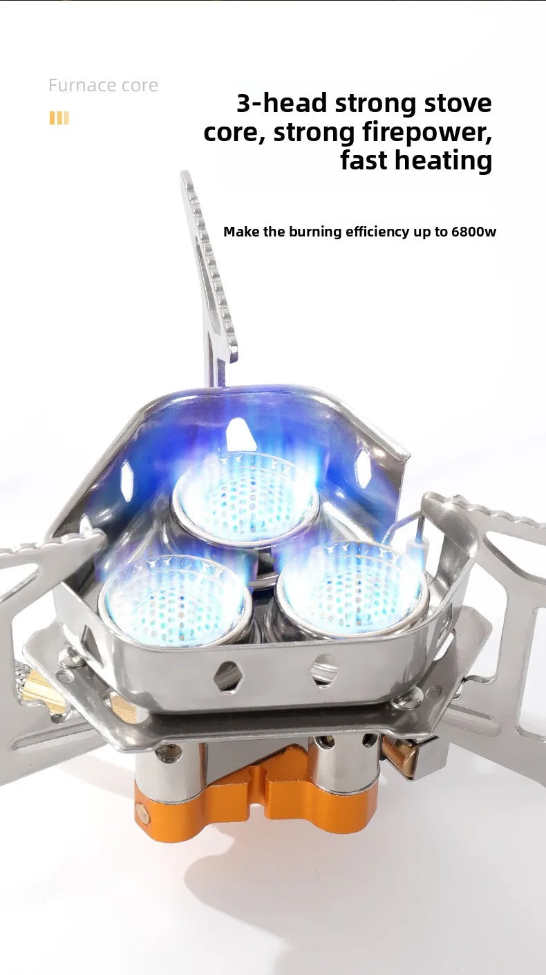 Estufa de camping portátil de 3 quemadores: estufa de gas butano resistente al viento con encendido para cocinar al aire libre.