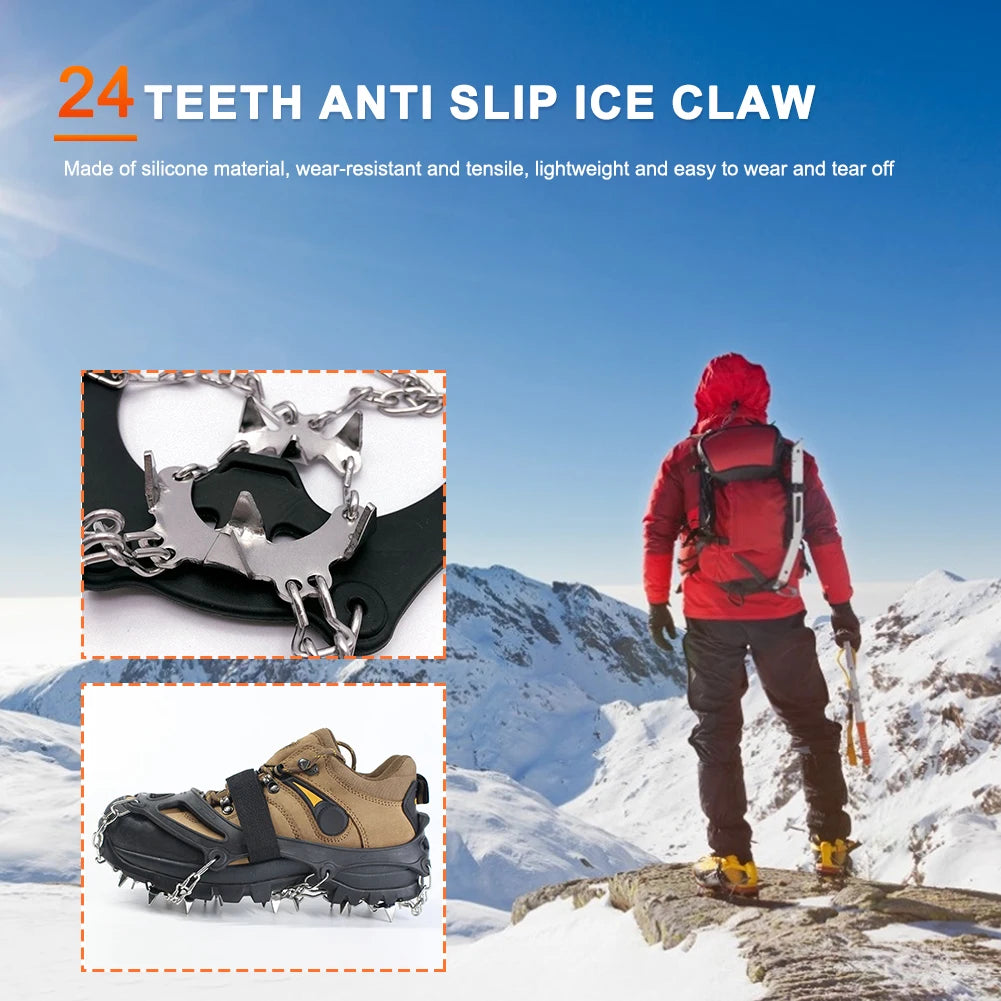 Crampones de hielo de 24 dientes: agarres ligeros de acero inoxidable para nieve con bolsa de transporte para senderismo y running en invierno.