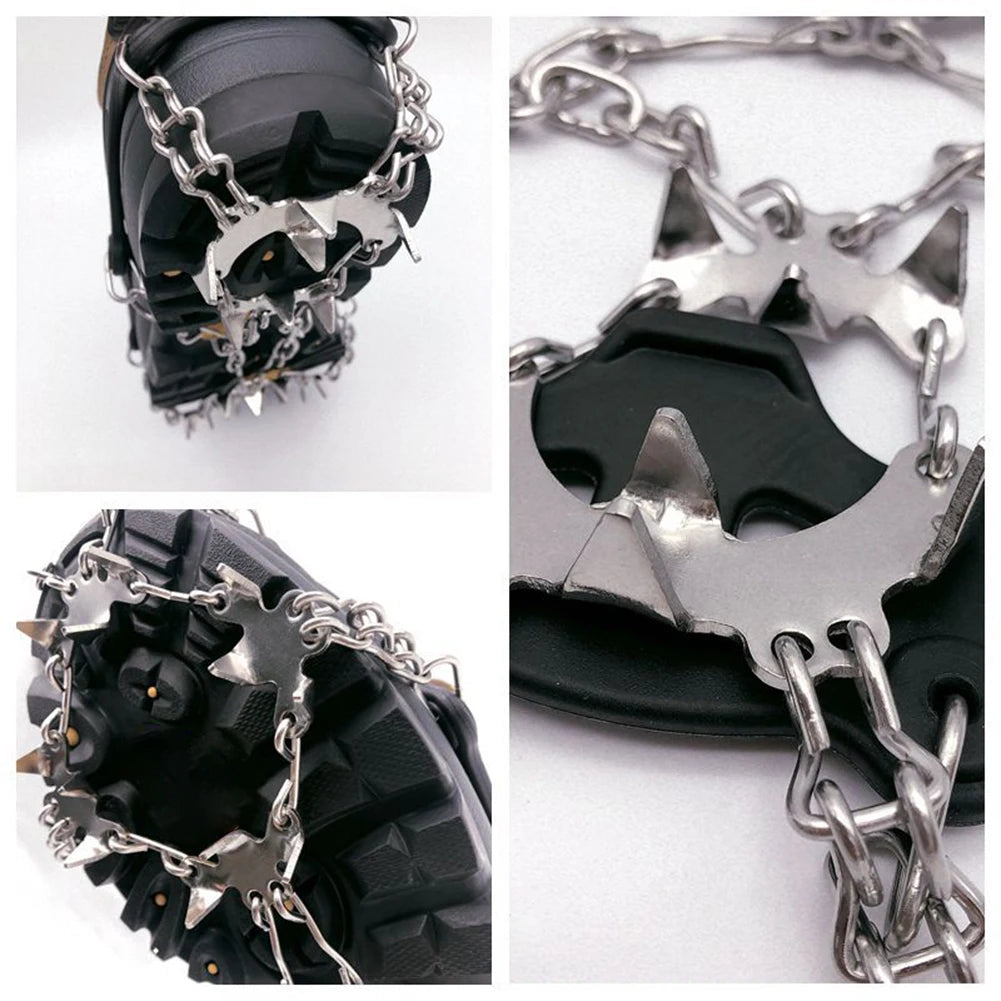 Crampones de hielo de 24 dientes: agarres ligeros de acero inoxidable para nieve con bolsa de transporte para senderismo y running en invierno.