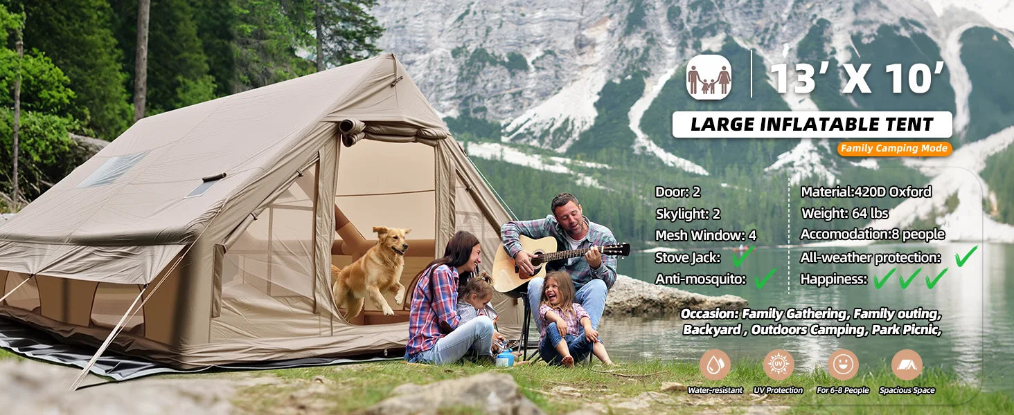 Portable Inflatable Camping Tent 2/4/6/8 Person for Family 420D Oxford Inflatable Tent House with Skylight 4 Seson Blow up Tent with Stove Jack AC Vent Mesh Window Trekker Essentials