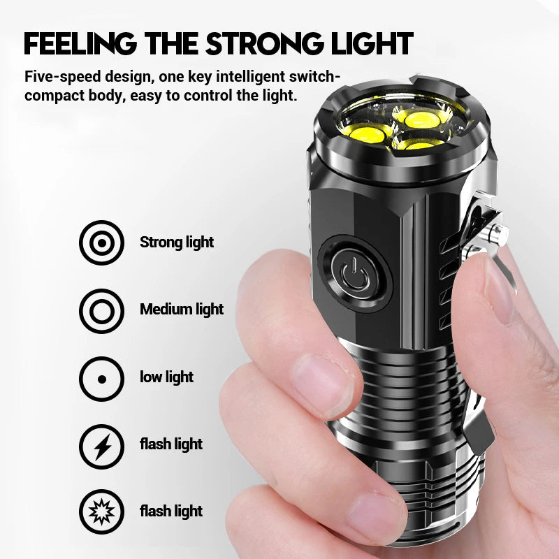 Mini linterna portátil de 3 LED con clip para bolígrafo, base magnética y carga USB: ideal para emergencias al aire libre.