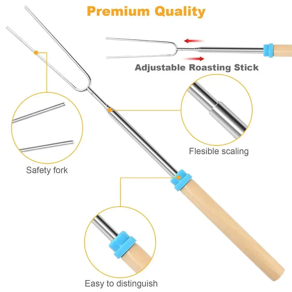 Telescopic Marshmallow Roasting Sticks, Extendable Stainless Steel BBQ Forks with Wooden Handles for Outdoor Camp Campfire Trekker Essentials