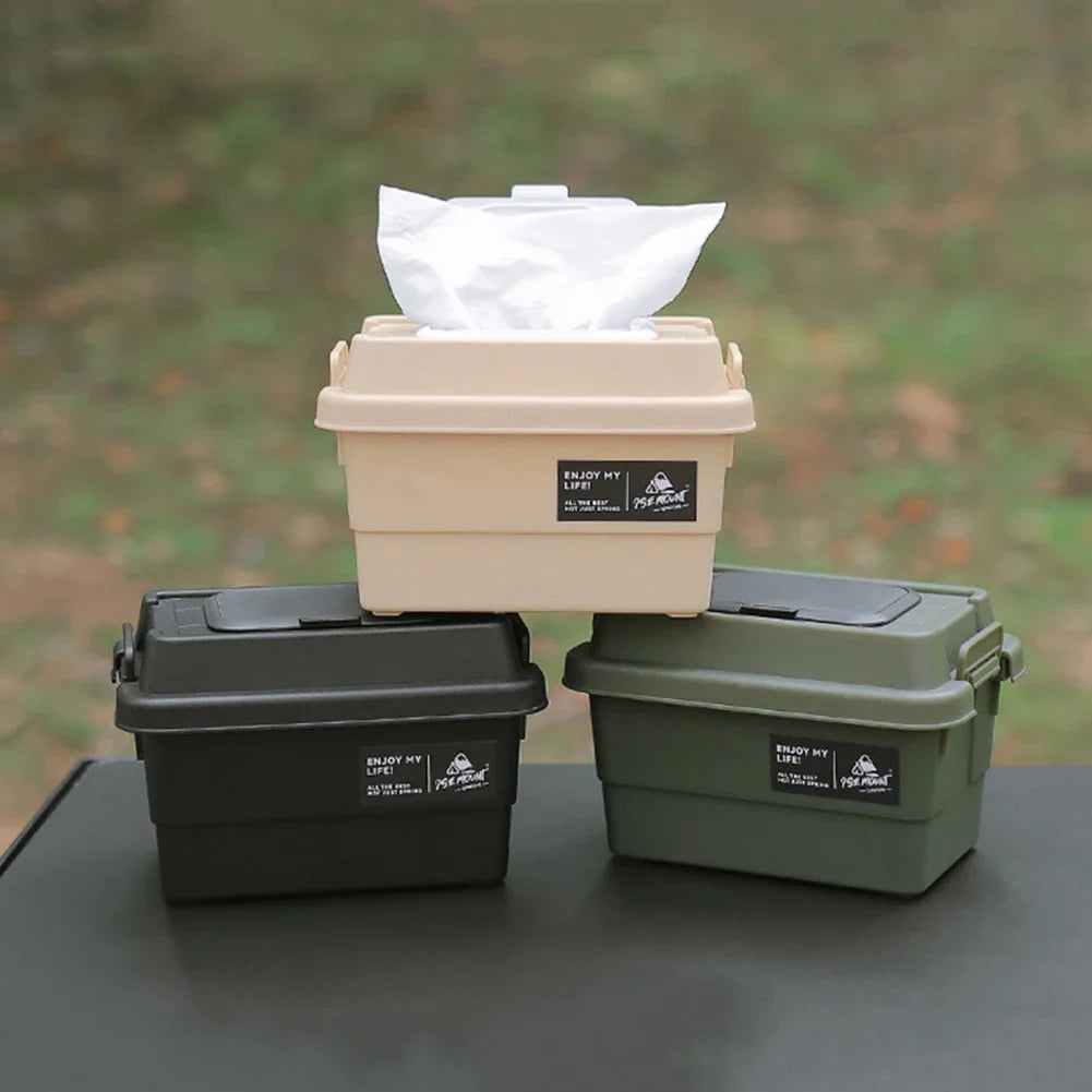 1.1L Outdoor Tissue Storage Box – Waterproof Camping Organizer for Napkins, Seasoning Bottles & Sundries (Army Green/Black/Beige)