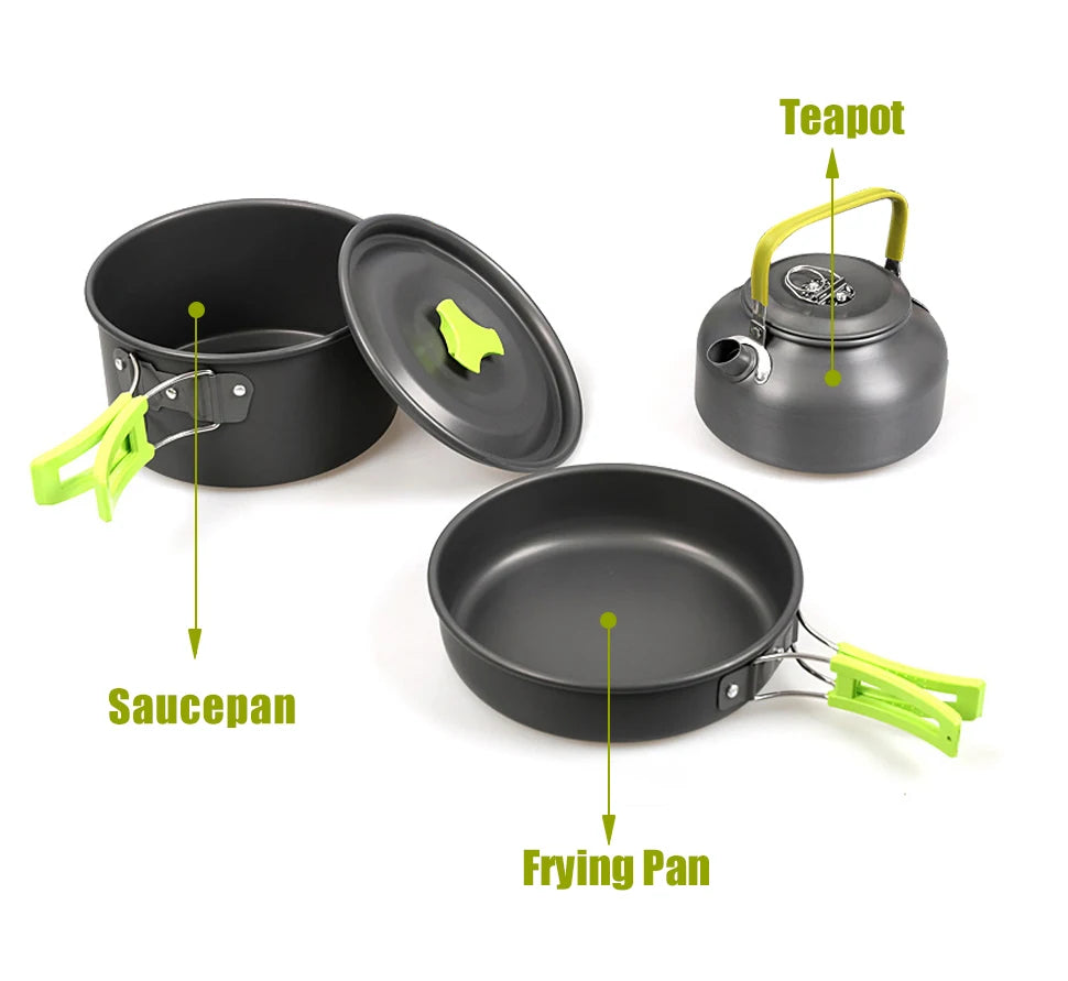 Aluminum Camping Cookware Set – Portable Outdoor Cooking Kit with Pot, Frying Pan & Kettle for 2–3 People Trekker Essentials