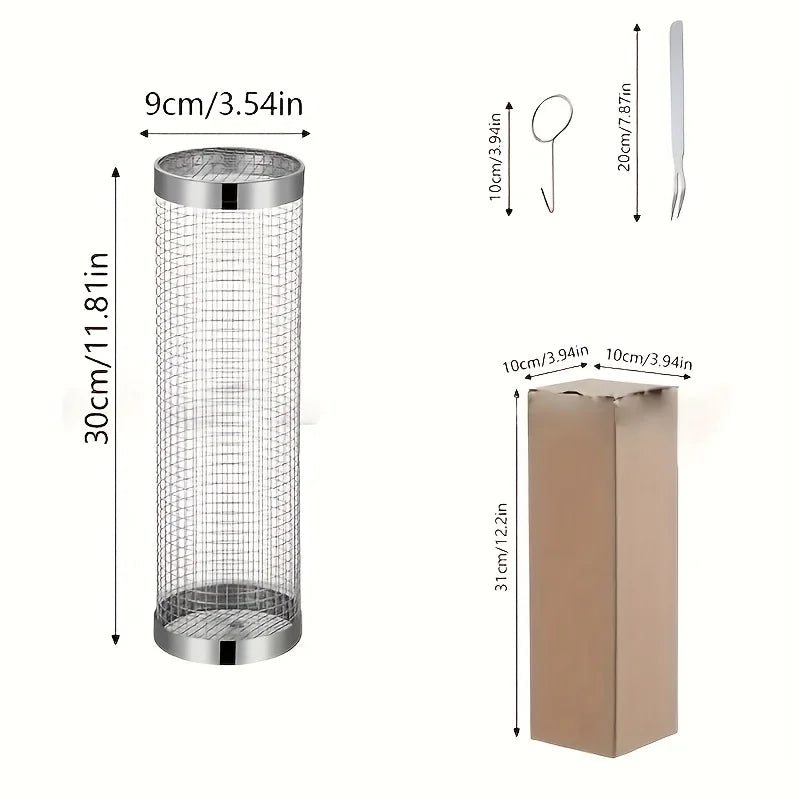 2pc Stainless Steel Rolling Grill Basket Set - Heavy Duty Cylinder Mesh for Camping, Picnic & Outdoor BBQ Accessories Trekker Essentials