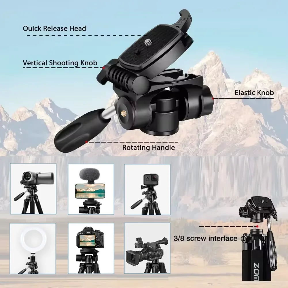 73.6" Professional Camera Tripod - 5kg Load Aluminum Alloy DSLR/Phone Stand