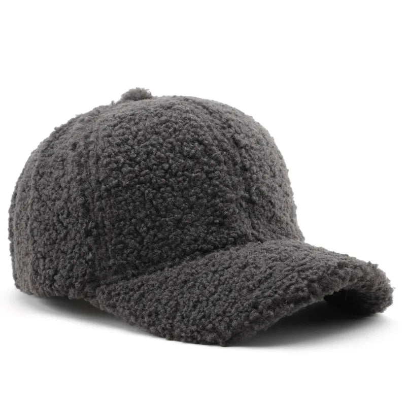 Gorra de béisbol de otoño-invierno para mujer: gorro de felpa abrigado con correa ajustable