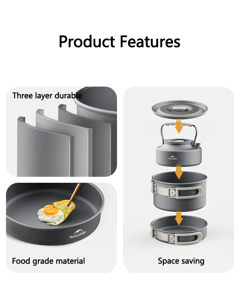 Compact Camping Cookware Set – Non-Stick Aluminum Outdoor Cooking & Picnic Kit with Teapot for 2–4 Persons