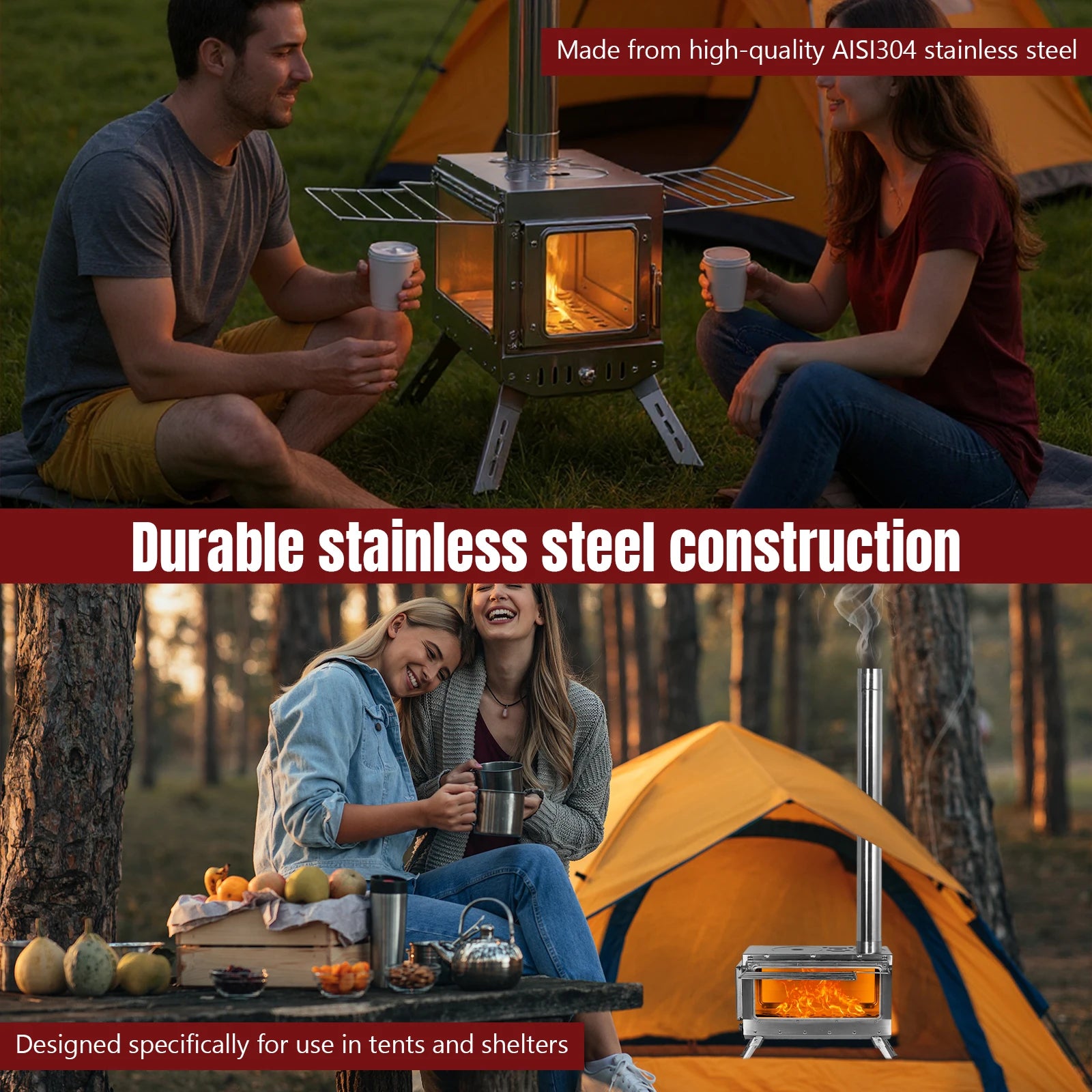 Large Stainless Steel Tent Stove with Chimney Pipe: Portable Wood Burner for Heating & Cooking