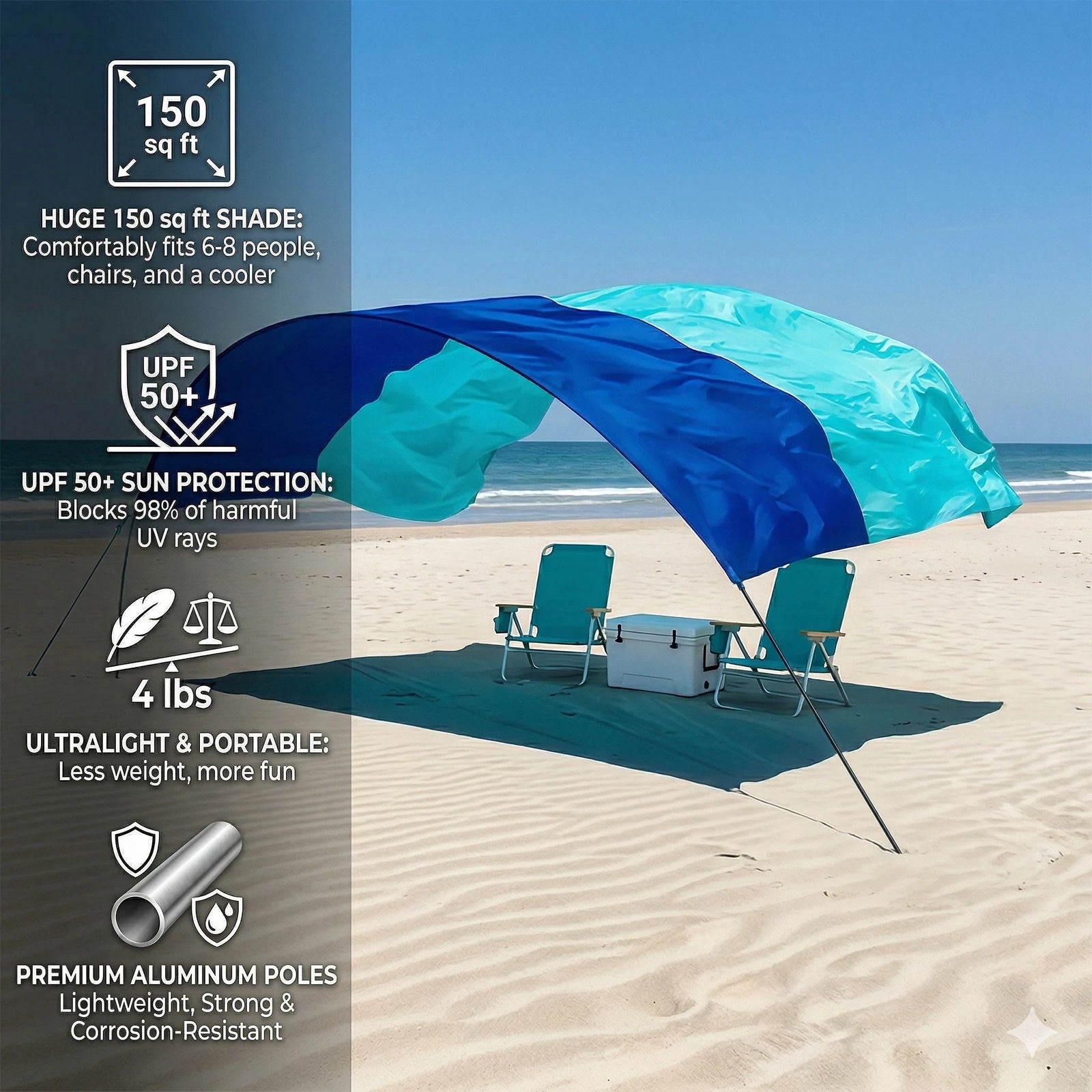 Wind-Resistant Beach Shade Tent 150 sq ft oversized canopy with sand anchors 4 lb ultralightweight UPF 50+ sun protection tent Trekker Essentials