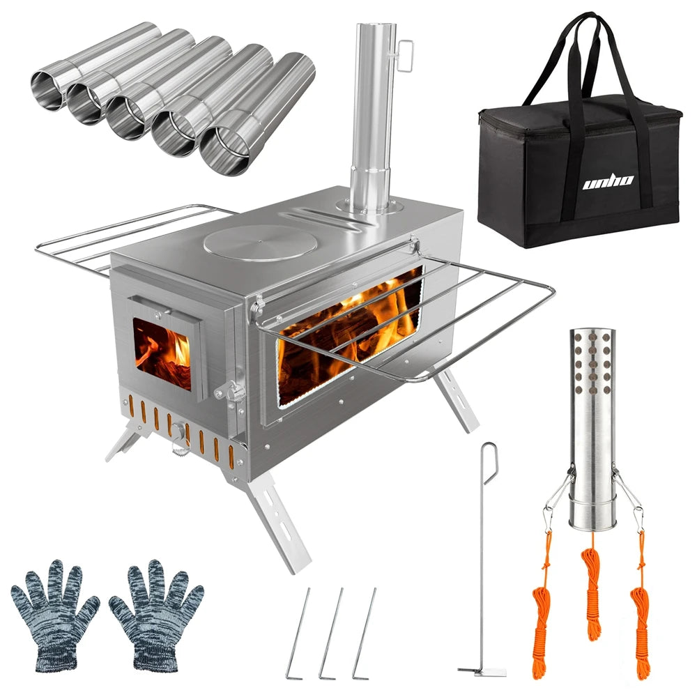 Portable Hot Tent Stove with 6 Chimney Pipes | Stainless Steel Wood Burning Stove for Camping Heating & Cooking