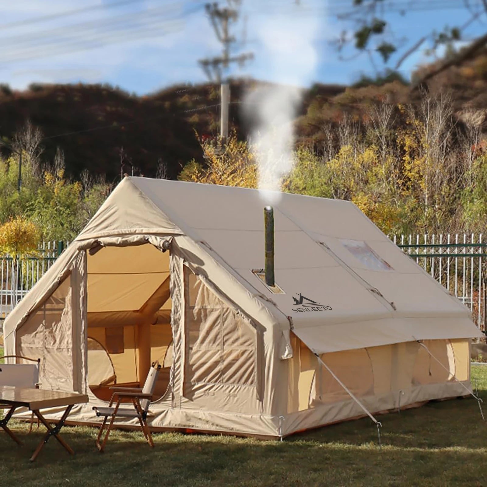 Portable Inflatable Camping Tent 2/4/6/8 Person for Family 420D Oxford Inflatable Tent House with Skylight 4 Seson Blow up Tent with Stove Jack AC Vent Mesh Window Trekker Essentials