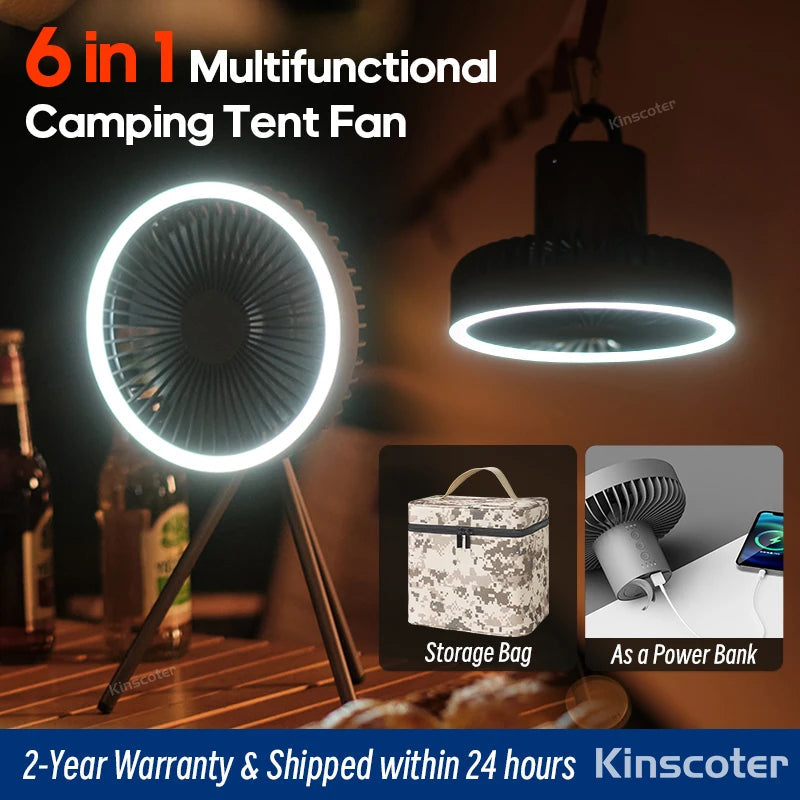 10000mAh Camping Fan Rechargeable Desktop Portable Air Circulator Wireless Ceiling Electric Fan with Power Bank LED Light Tripod Trekker Essentials