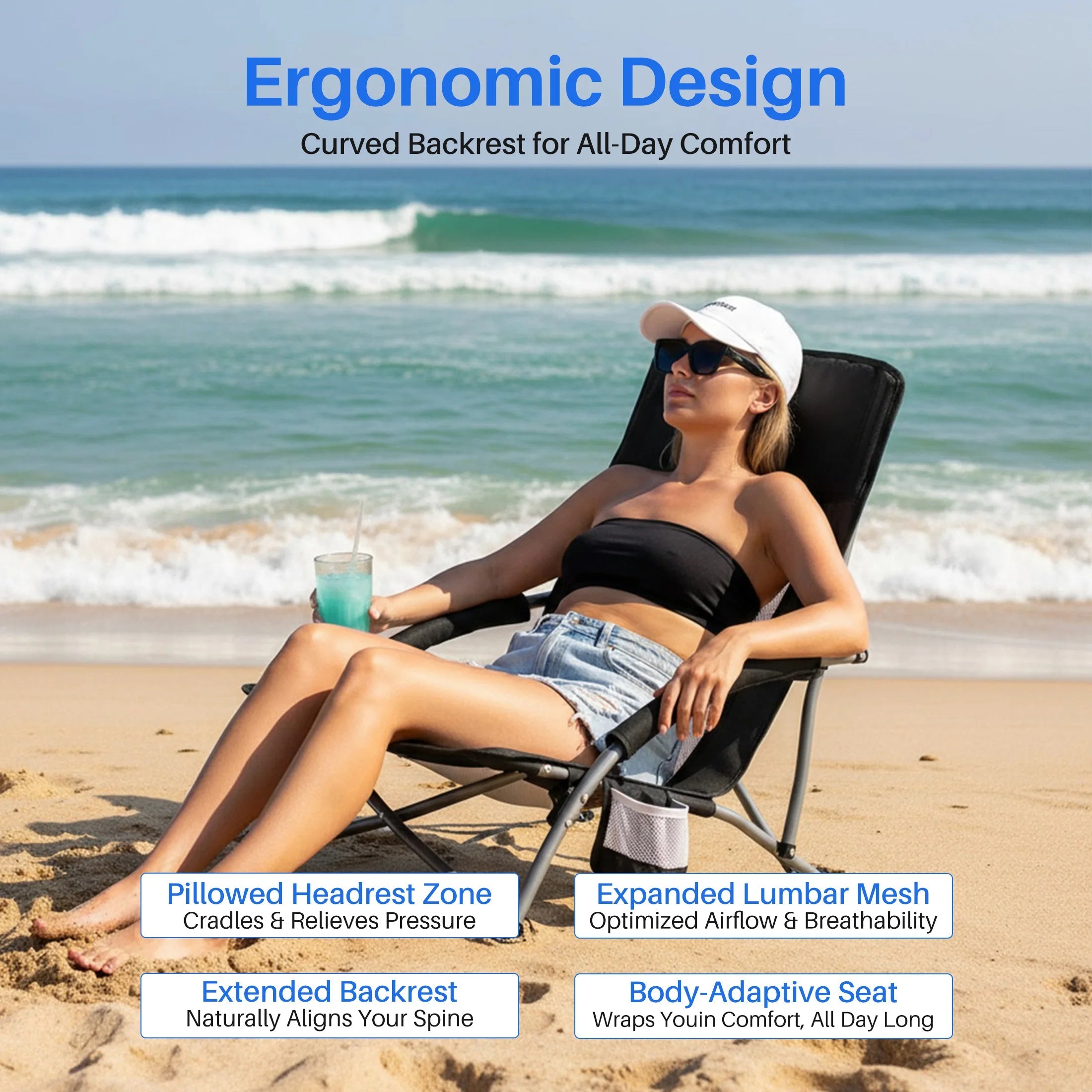 JHK Portable Lightweight Low Camping Beach Chair Mesh Back Padded Armrests Folding Beach Chair with Cup Holder Storage Pocket for Camp Picnic Lawn Trekker Essentials