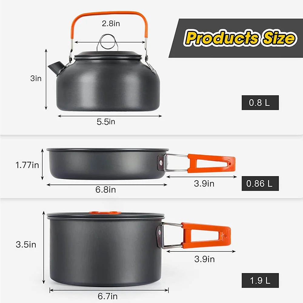 Lightweight Aluminum Camping Cookware Set – Portable Outdoor Cooking Kit for 2–4 People with Mesh Storage Bag Trekker Essentials