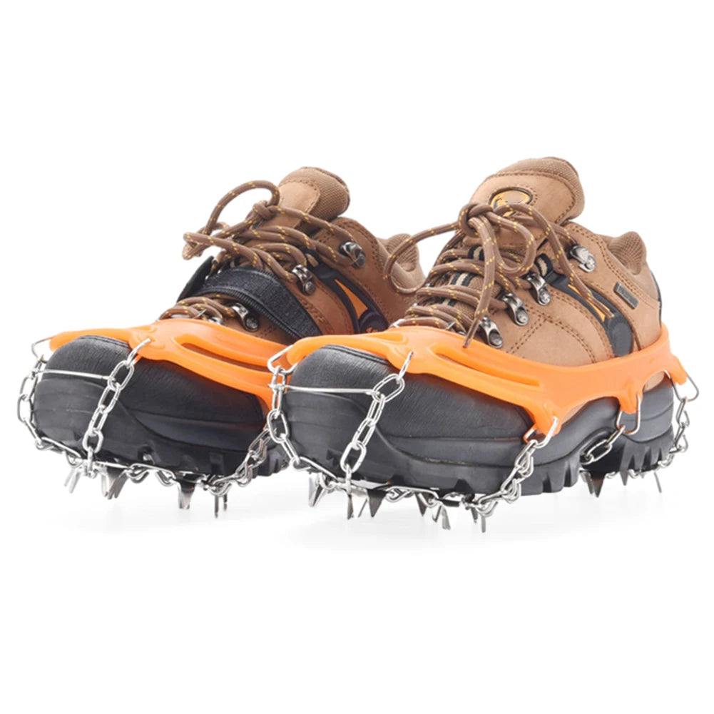 Crampones de hielo de 24 dientes: agarres ligeros de acero inoxidable para nieve con bolsa de transporte para senderismo y running en invierno.