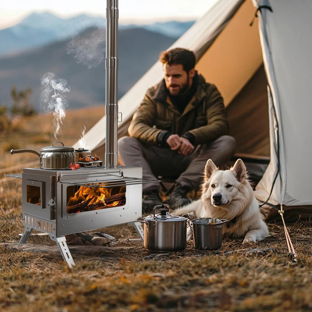 Portable Hot Tent Stove with 6 Chimney Pipes | Stainless Steel Wood Burning Stove for Camping Heating & Cooking