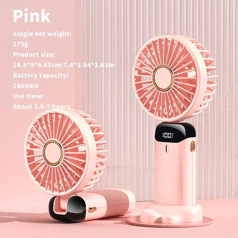 Handheld Mini Fan – 3000mAh Foldable USB Rechargeable Fan with LED Display & Phone Stand