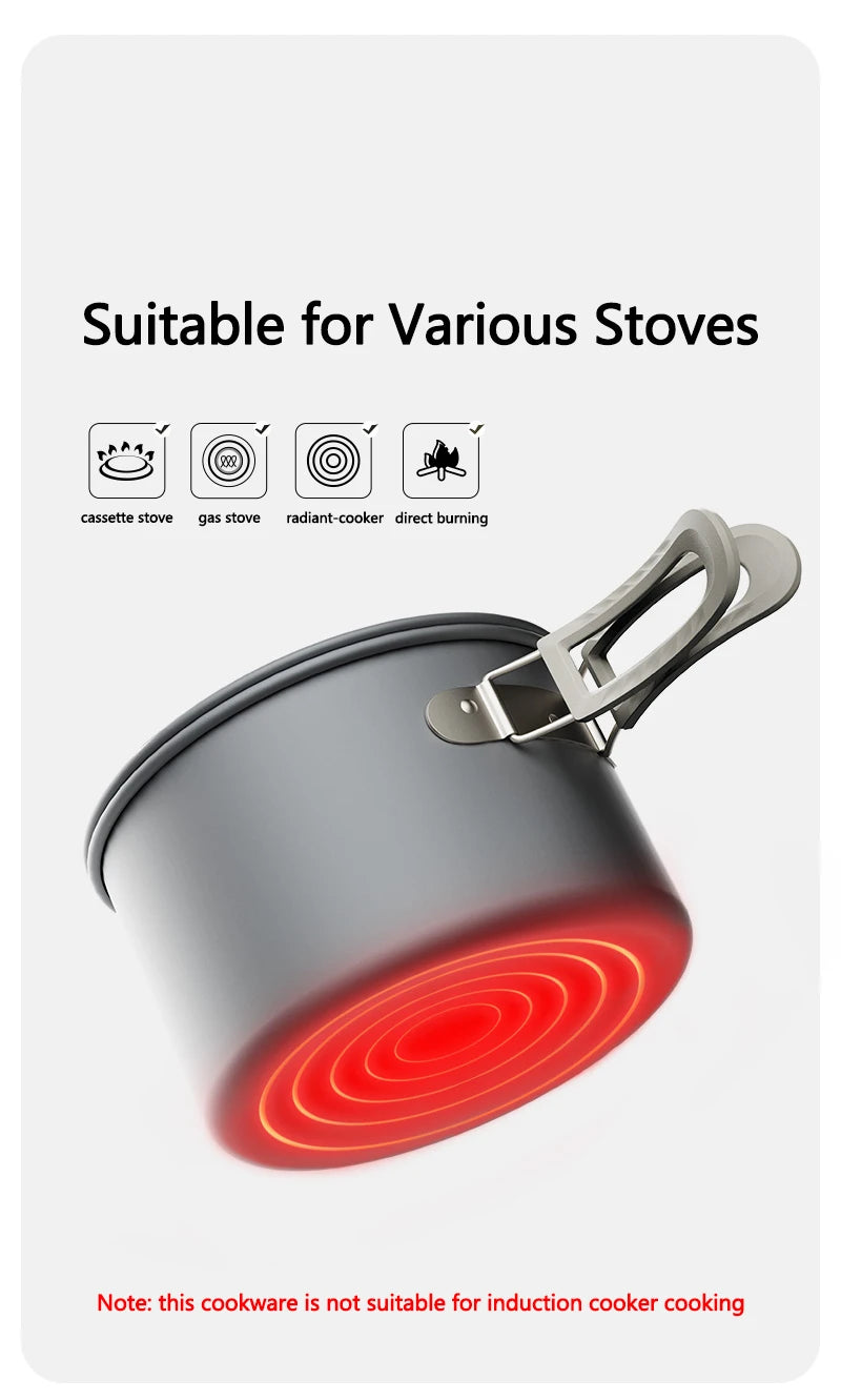 Compact Camping Cookware Set – Non-Stick Aluminum Outdoor Cooking & Picnic Kit with Teapot for 2–4 Persons