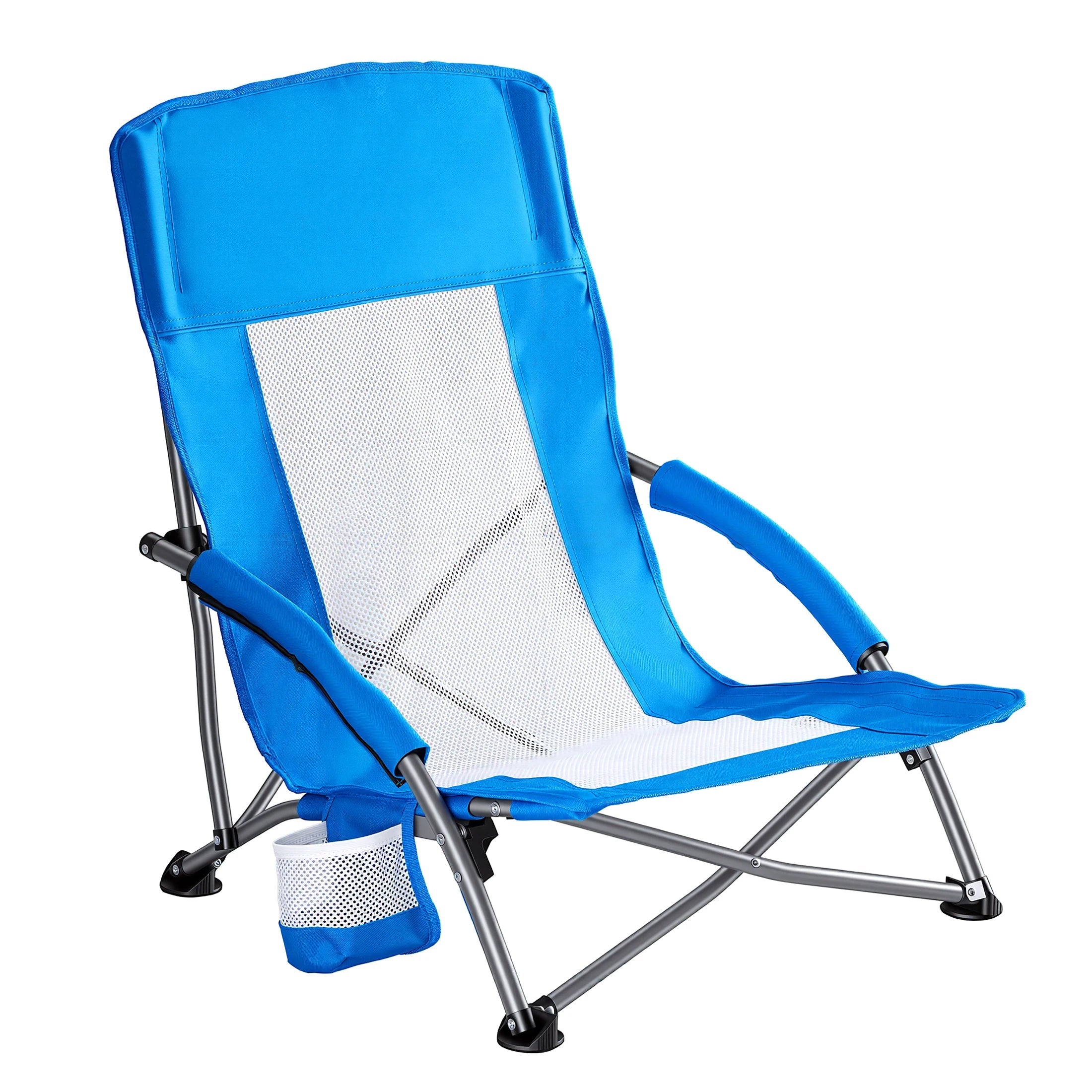 JHK Portable Lightweight Low Camping Beach Chair Mesh Back Padded Armrests Folding Beach Chair with Cup Holder Storage Pocket for Camp Picnic Lawn Trekker Essentials