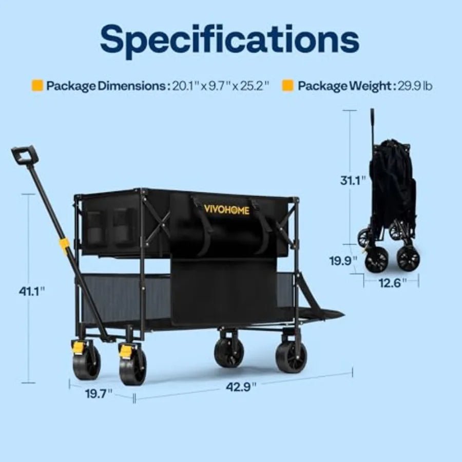 400L Large Capacity Double Decker Collapsible Wagon 500lbs Heavy Duty Utility Folding Cart with Big Wheels 53 Extended for Camp