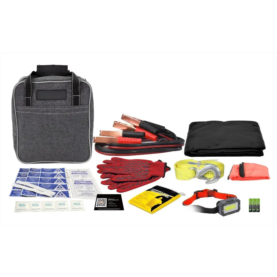Deluxe Roadside Assistance Kit with Booster Cables - 65-Piece Emergency Set for Car Breakdowns, Travel & Safety. Trekker Essentials