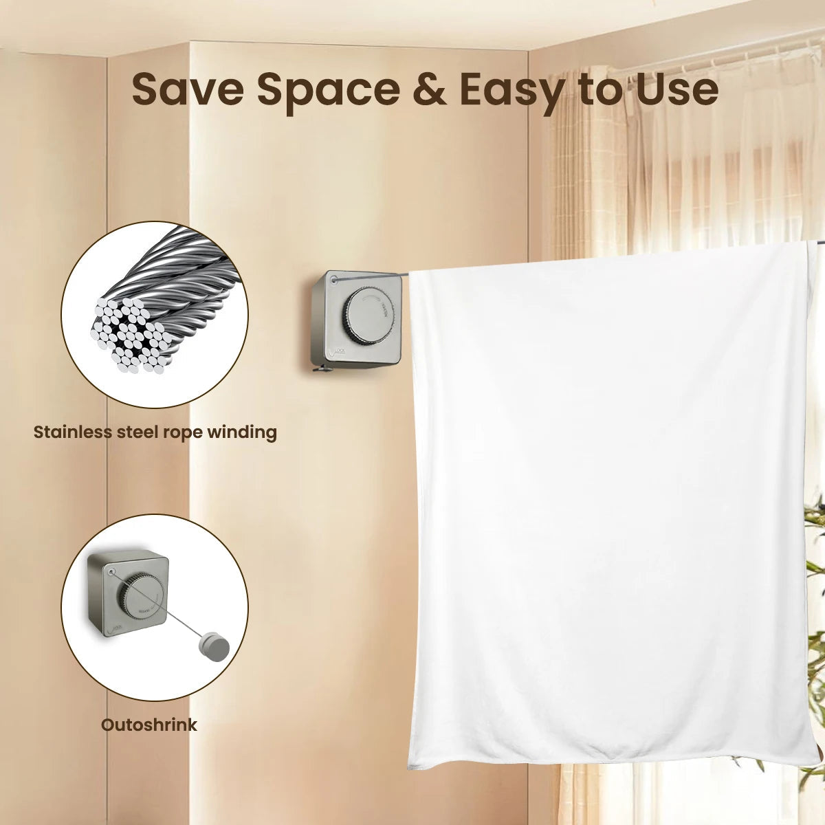 1 Pcs Indoor Retractable Clothesline Non Sagging Outdoor Clothesline Wall Mounted Stainless Steel Rope 15.1 Feet Gray Trekker Essentials