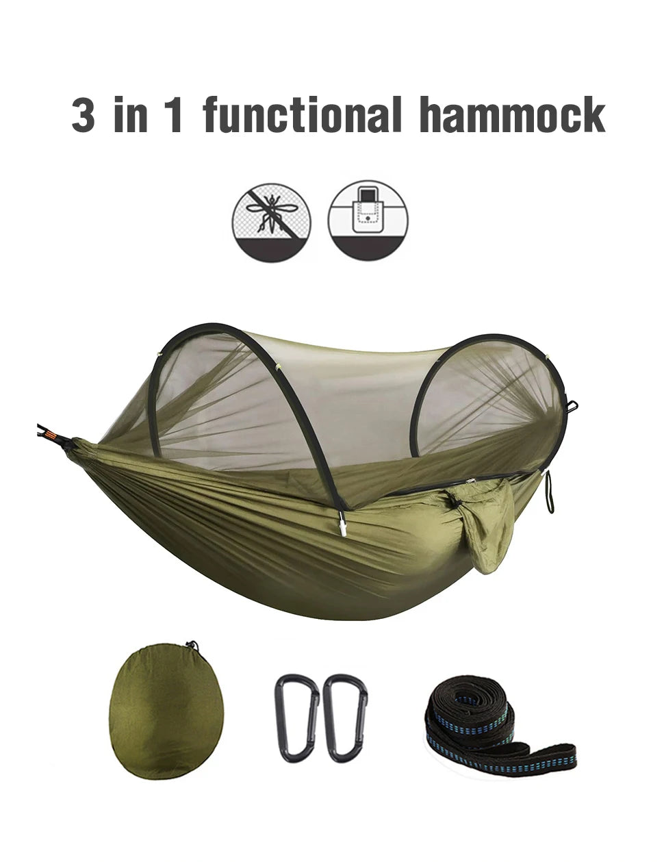 WESTTUNE 3 in 1 Camping Hammock with Mosquito Mesh Automatic Quick Opening Nylon Hammock Anti-Mosquito Hammock for Outdoor Trekker Essentials