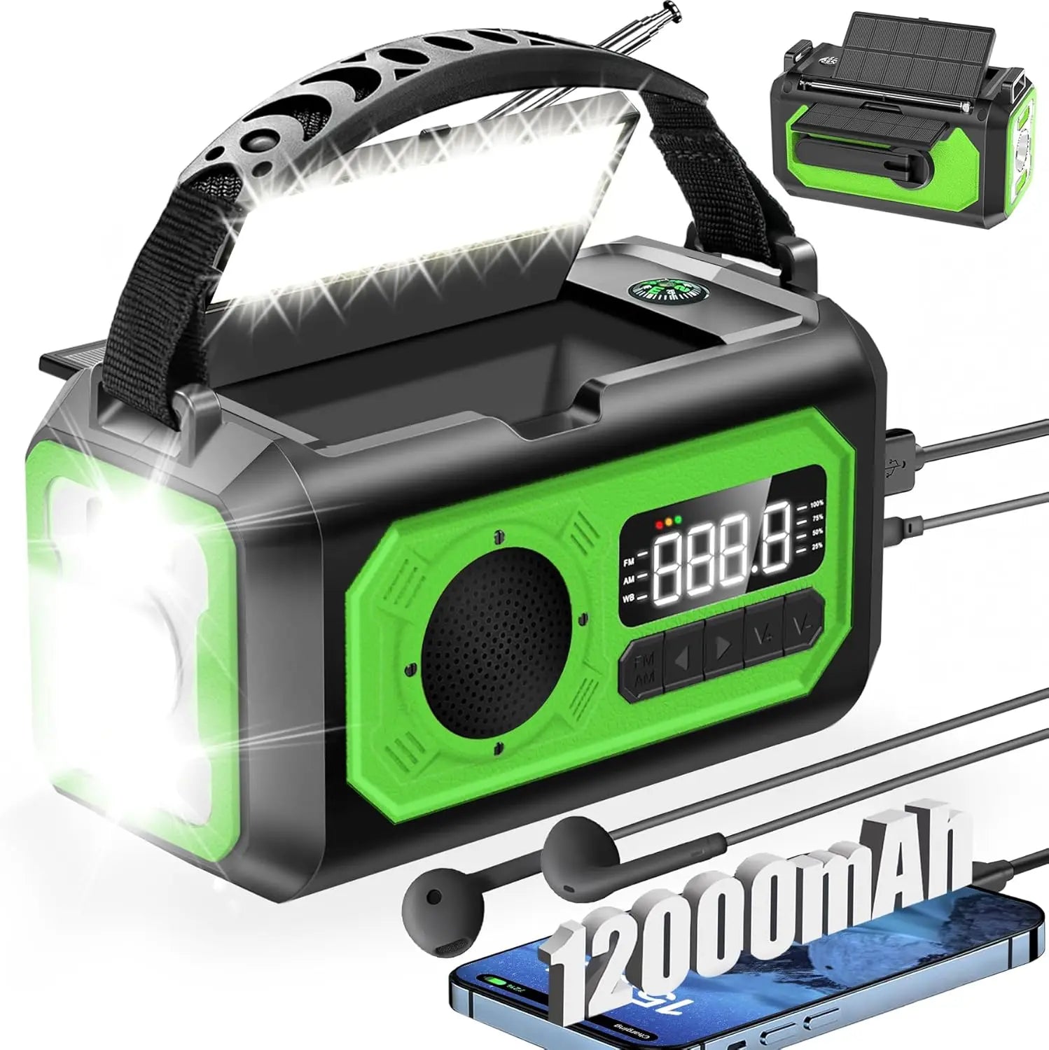 12000mAh Solar Emergency Radio – AM/FM Weather Alert, Hand Crank Power Bank, SOS Alarm & Reading Lamp for Camping, Hiking & Survival