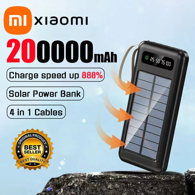 200000mAh Solar Power Bank – Ultra High Capacity Fast Charging Portable Charger with Built-in Cables & LED Light Trekker Essentials