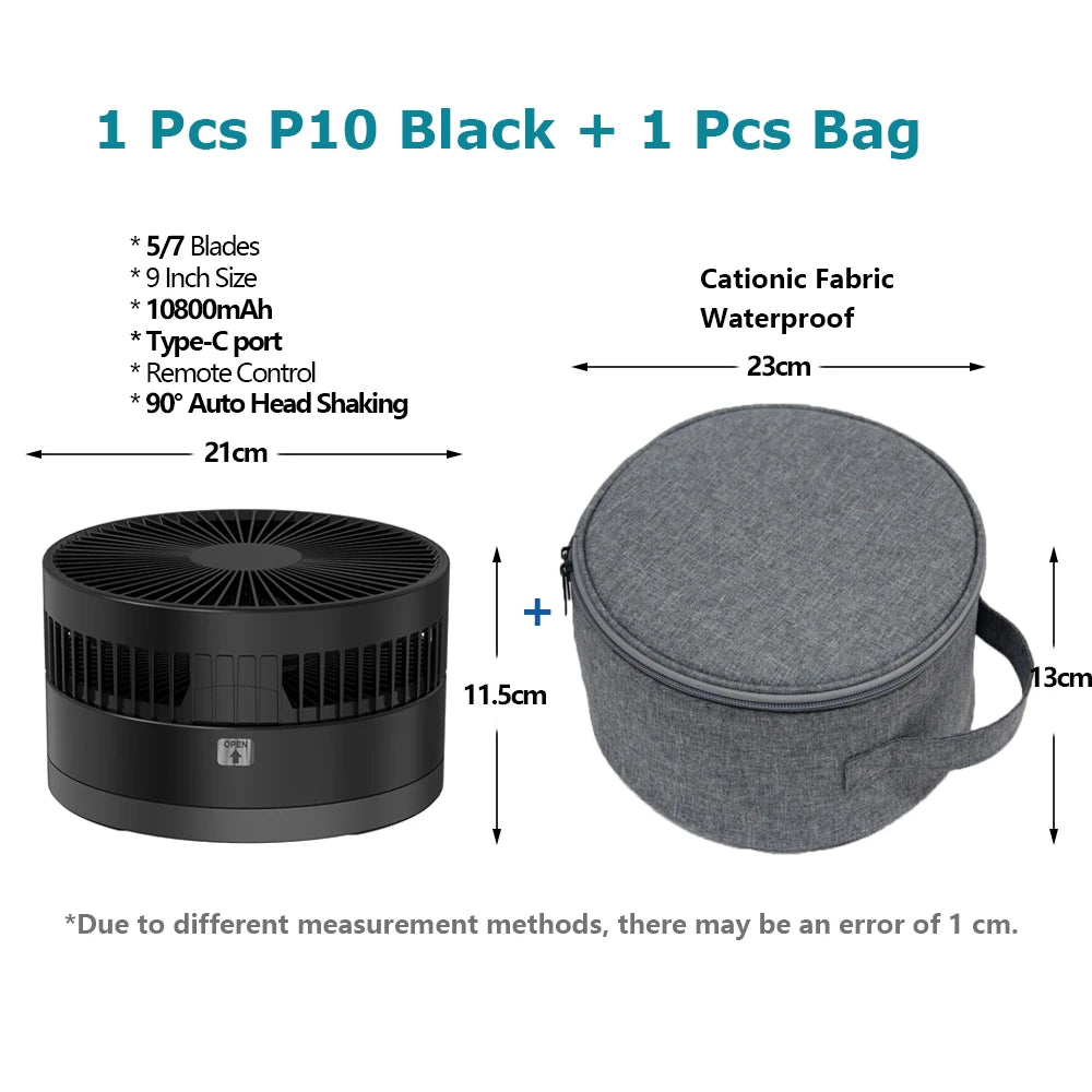 Ventilador de suelo plegable portátil de 10800 mAh | Recargable por USB, control remoto, enfriador de aire silencioso para acampar