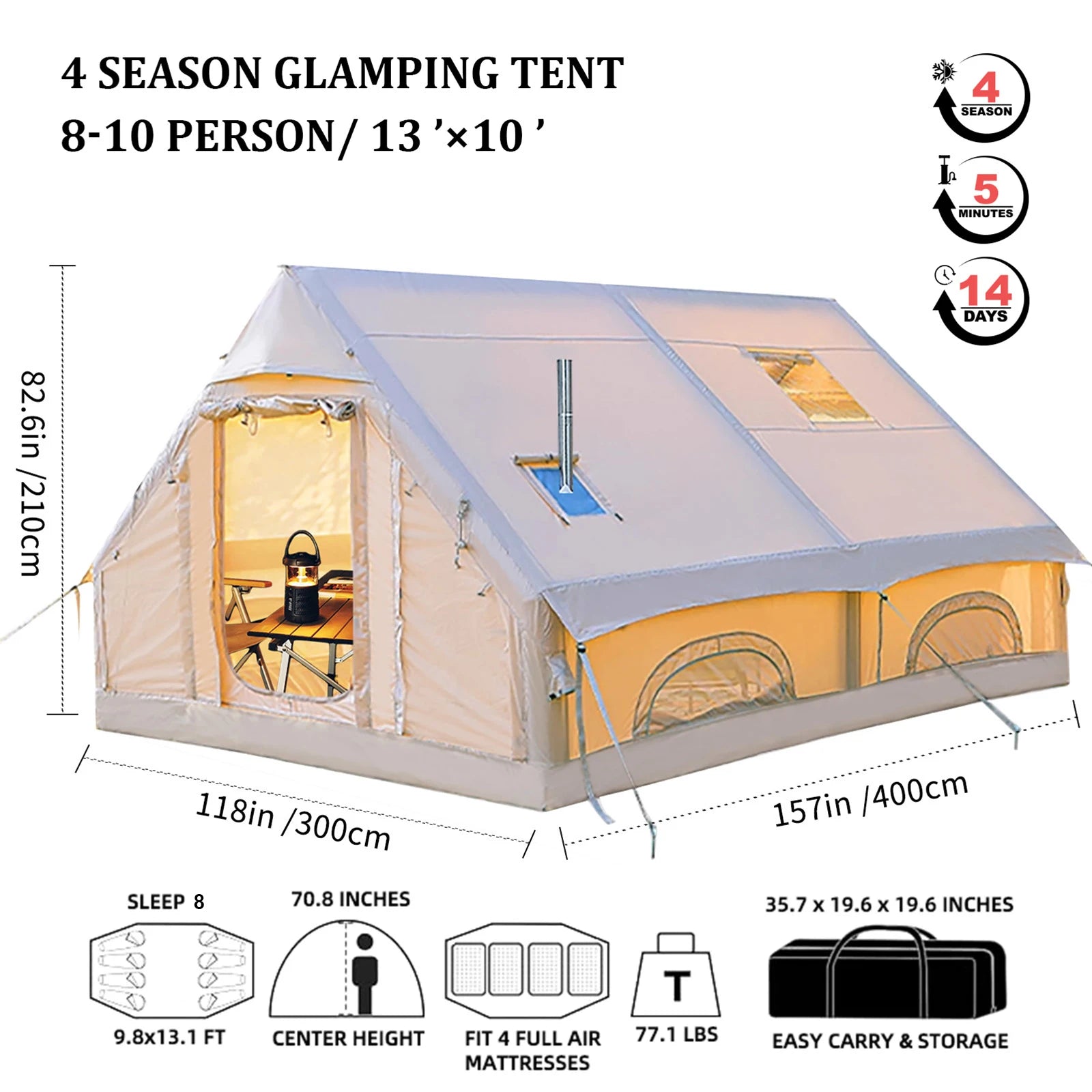 Portable Inflatable Camping Tent 2/4/6/8 Person for Family 420D Oxford Inflatable Tent House with Skylight 4 Seson Blow up Tent with Stove Jack AC Vent Mesh Window Trekker Essentials