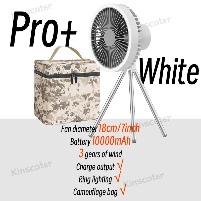 10000mAh Camping Fan Rechargeable Desktop Portable Air Circulator Wireless Ceiling Electric Fan with Power Bank LED Light Tripod Trekker Essentials