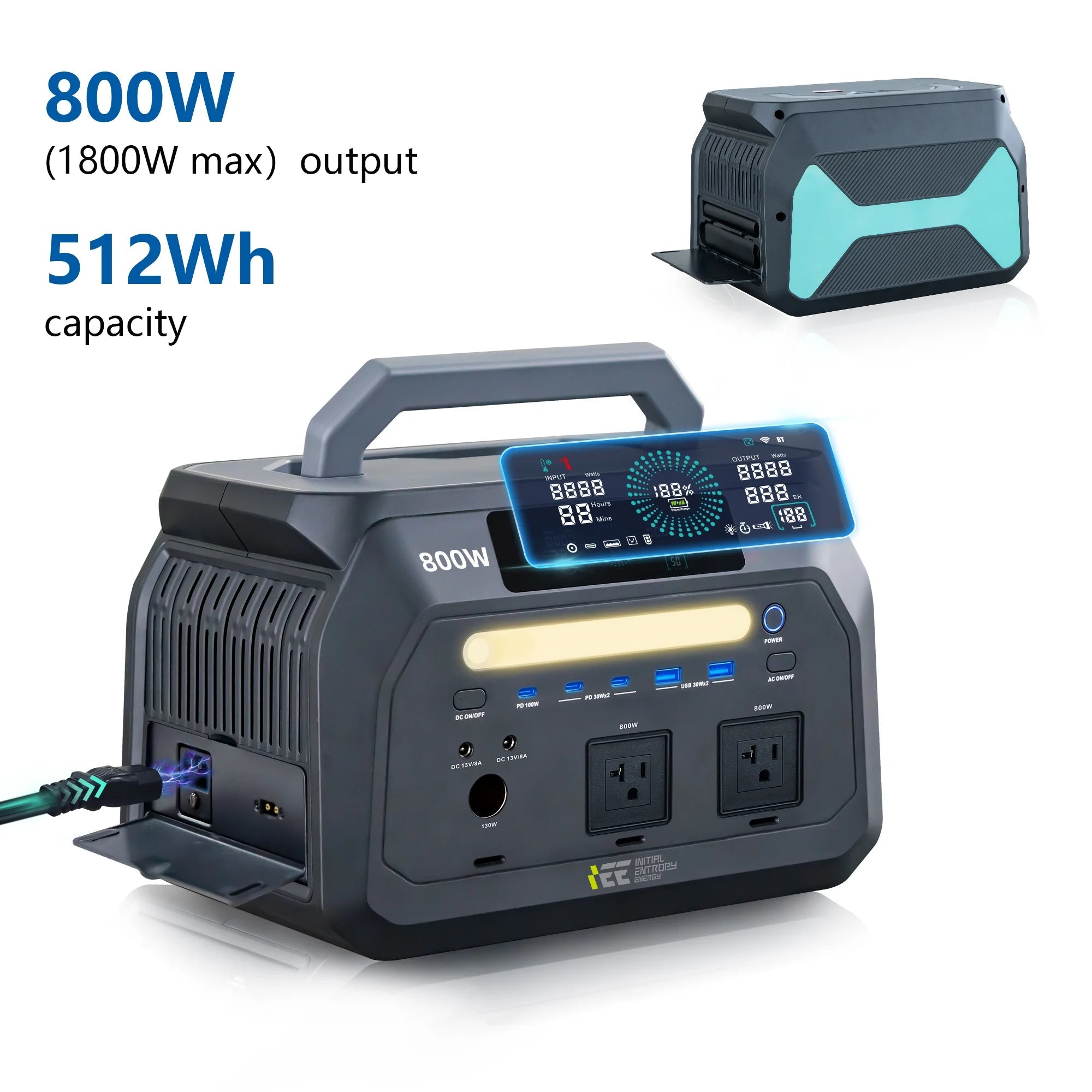 IEE P800 Portable Power Station, 512Wh LiFePO4 generator,1600W Peak Solar Generators, 800 wat power source,2x800W AC Outlets Lightweight & Quiet Solar Generator for Camping, Home Emergency, RV & Outdoor Travel Trekker Essentials