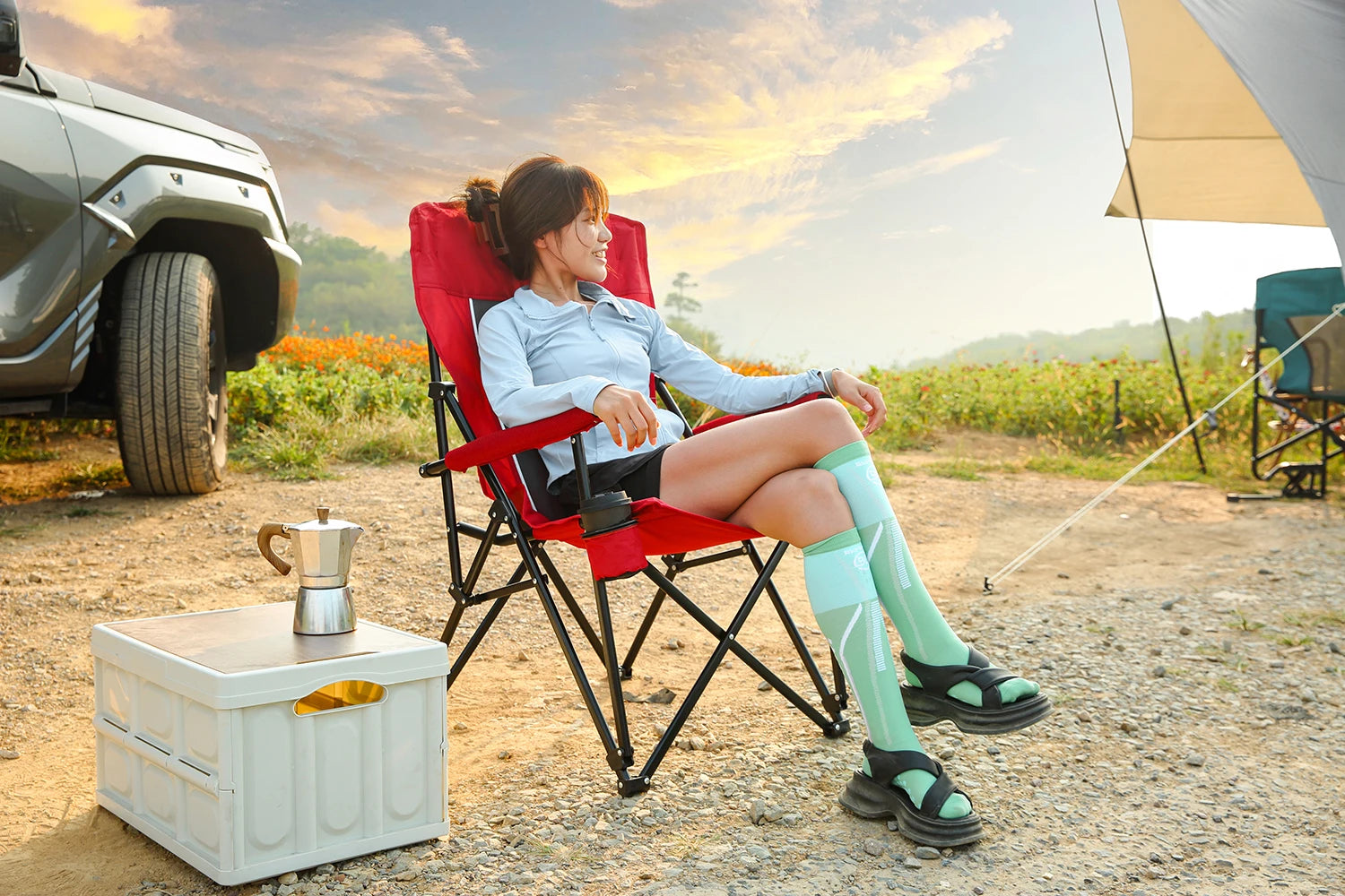 Outdoor Camping Chair, Portable Folding Lounge Moon Chair With Armrests, Drink Holder & Backrest For Outdoor Fishing Camping Trekker Essentials