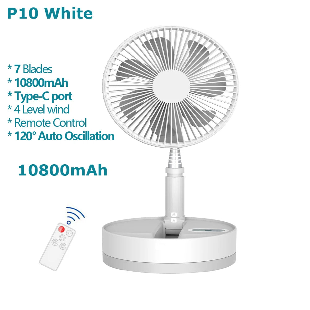 Ventilador de suelo plegable portátil de 10800 mAh | Recargable por USB, control remoto, enfriador de aire silencioso para acampar