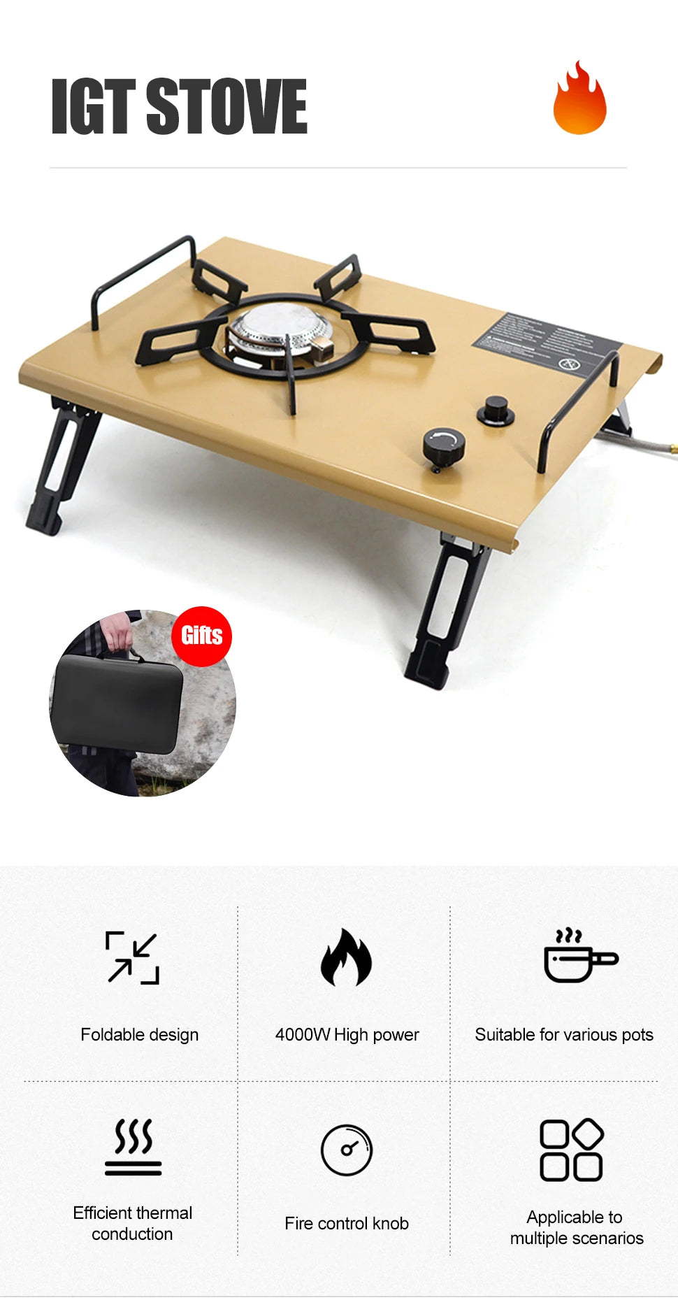 WESTTUNE IGT Gas Stove Burner Strong Fire Heater Furnace Portable Outdoor 4000W High Power Stainless Steel Camping Table Stove Trekker Essentials