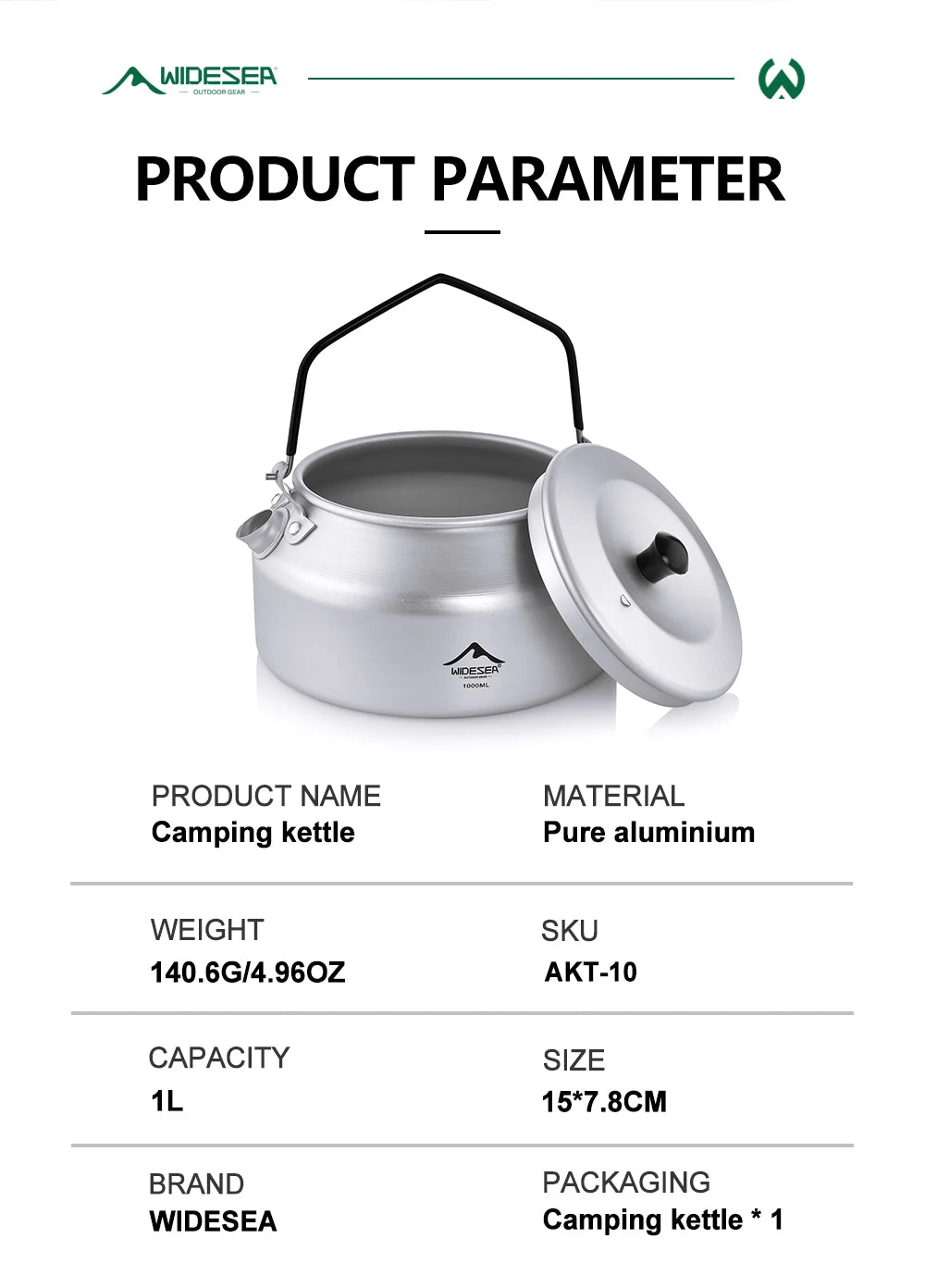 1L Pure Aluminum Camping Kettle with Short-Hole Removal Handle, Lightweight Portable Travel Cookware